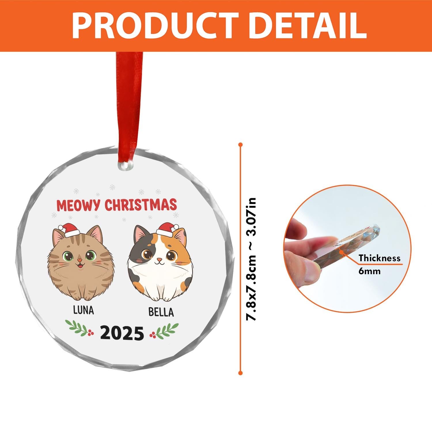 Personalized Cat Christmas Ornament – Custom Name Glass Decoration with Santa Hats and 2025
