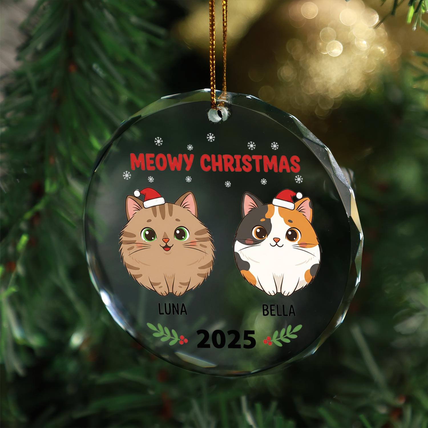 Personalized Cat Christmas Ornament – Custom Name Glass Decoration with Santa Hats and 2025