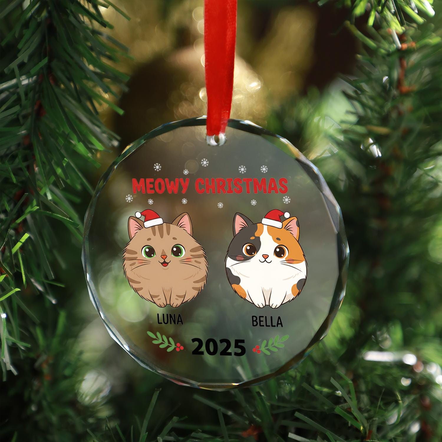 Personalized Cat Christmas Ornament – Custom Name Glass Decoration with Santa Hats and 2025