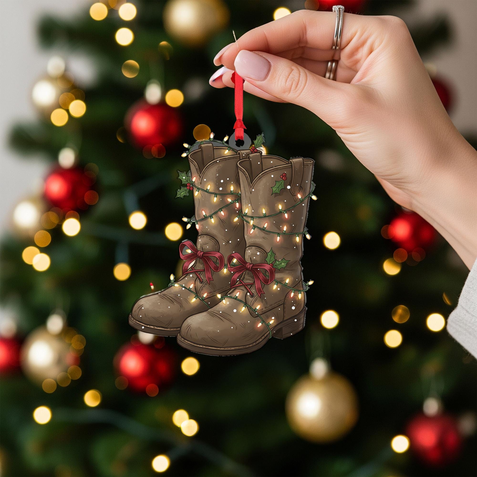 Farmer Boot Ornament: Rustic Christmas Tree Decoration with Lights and Holly