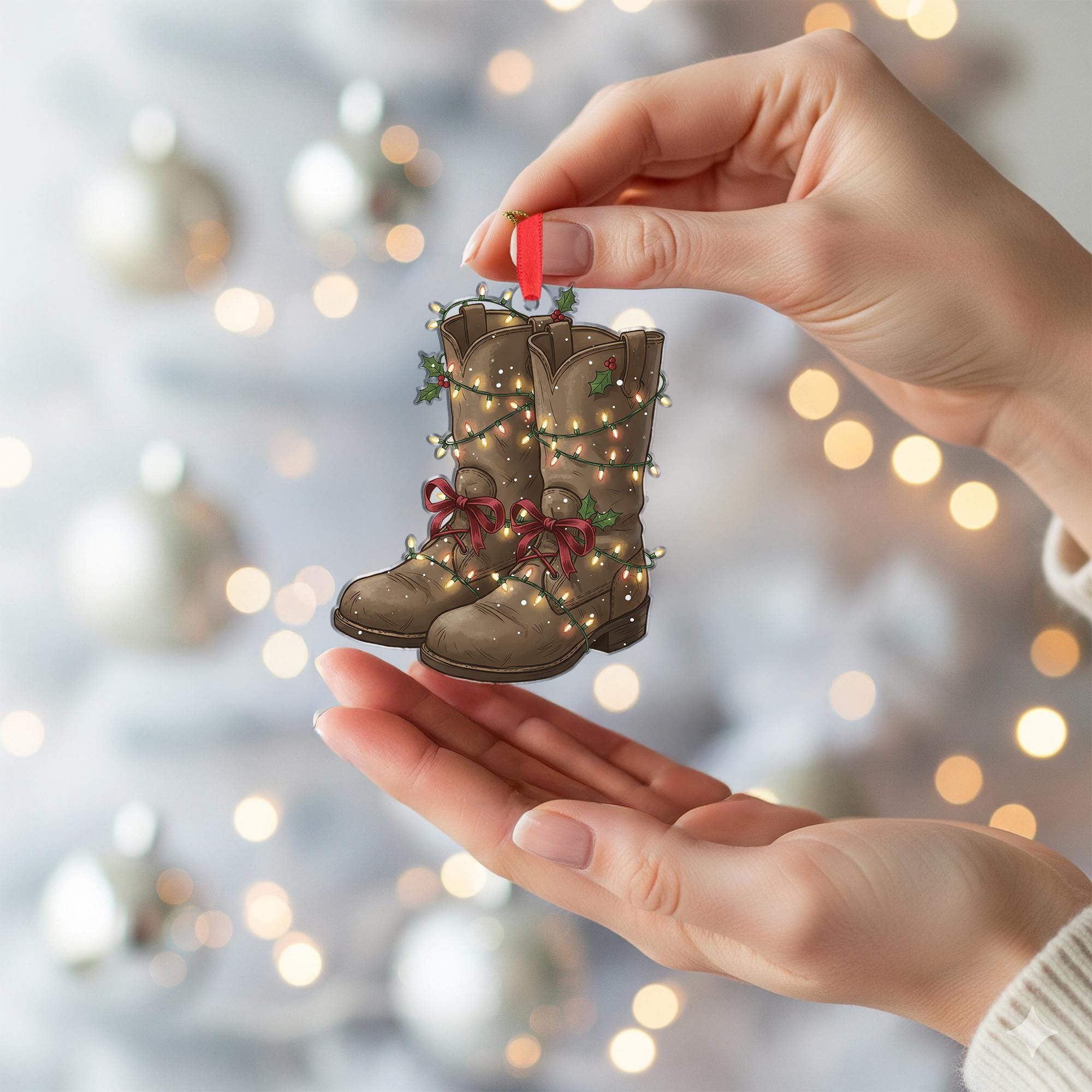Farmer Boot Ornament: Rustic Christmas Tree Decoration with Lights and Holly