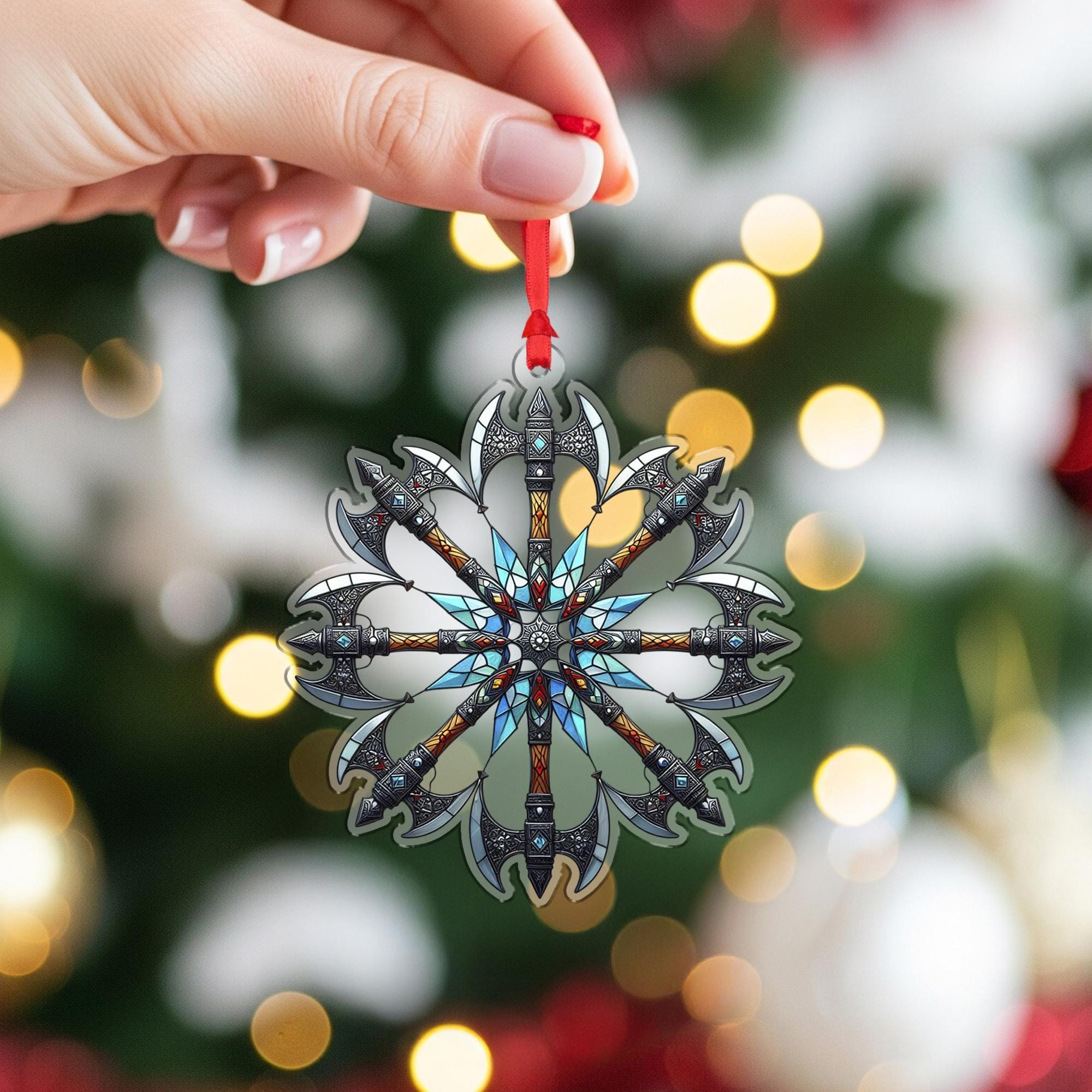 Viking Battle Axe Ornament – Norse Stained Glass Christmas Tree Decor