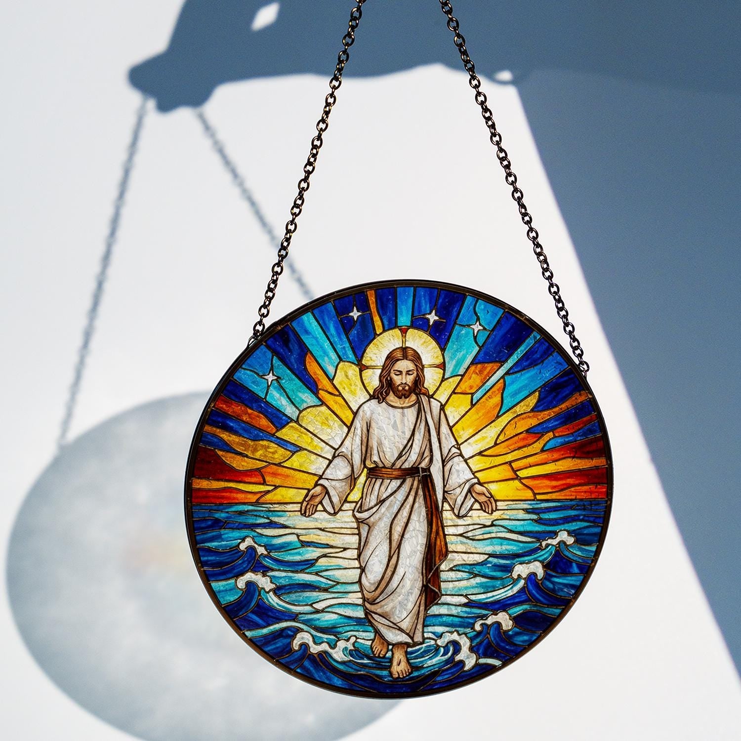 Jesus Glass Suncatcher – Stained Glass Design with Walking on Water and Sunrise Theme