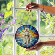 Jesus Glass Suncatcher – Stained Glass Design with Walking on Water and Sunrise Theme