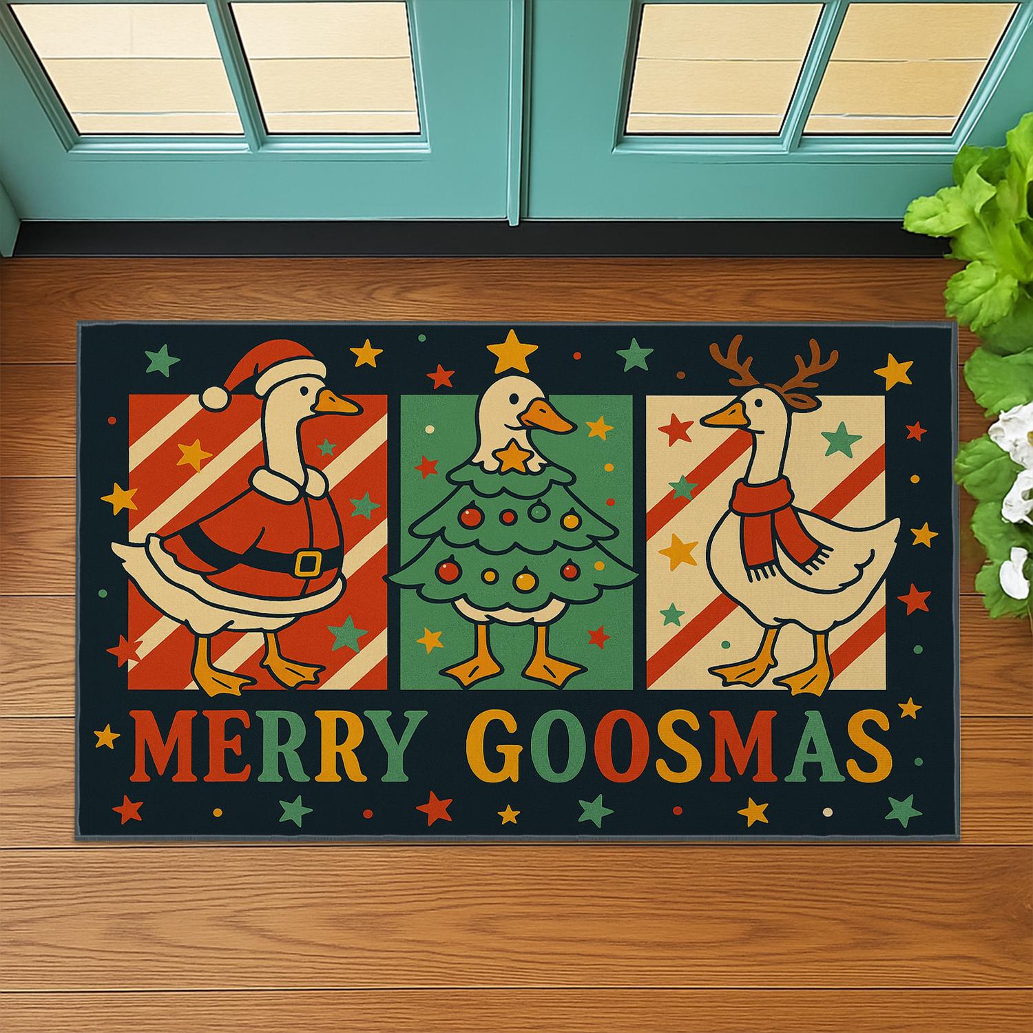 Merry Goosmas Doormat – Christmas Holiday Rug with Santa, Tree, and Reindeer Geese Design