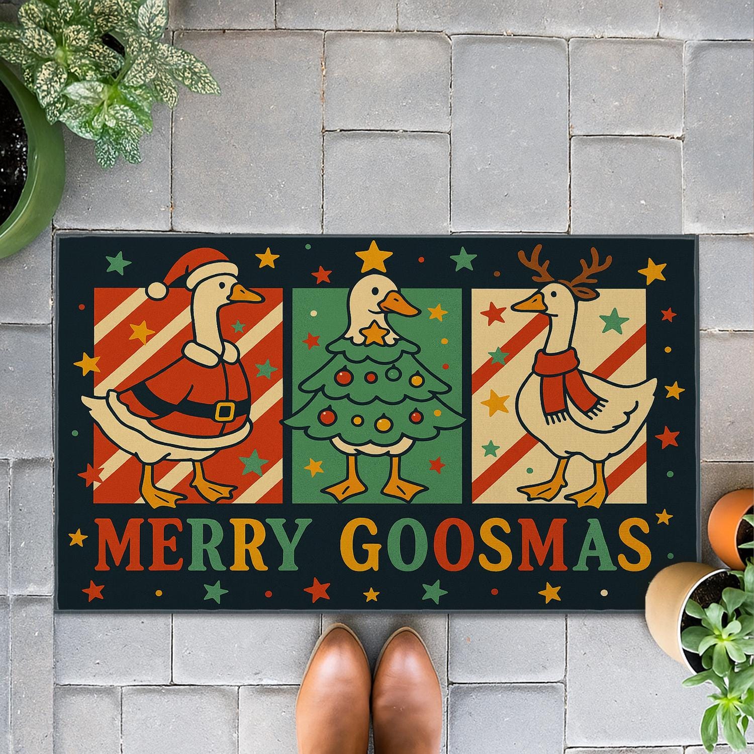 Merry Goosmas Doormat – Christmas Holiday Rug with Santa, Tree, and Reindeer Geese Design
