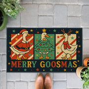 Merry Goosmas Doormat – Christmas Holiday Rug with Santa, Tree, and Reindeer Geese Design