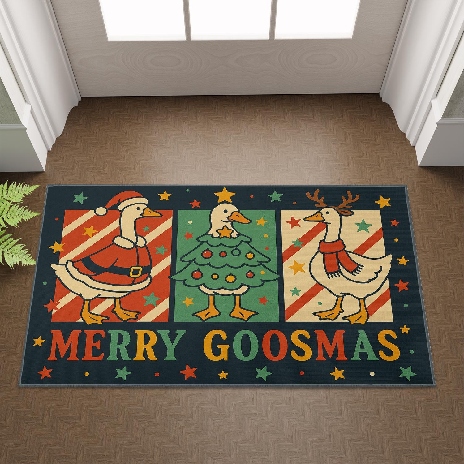 Merry Goosmas Doormat – Christmas Holiday Rug with Santa, Tree, and Reindeer Geese Design