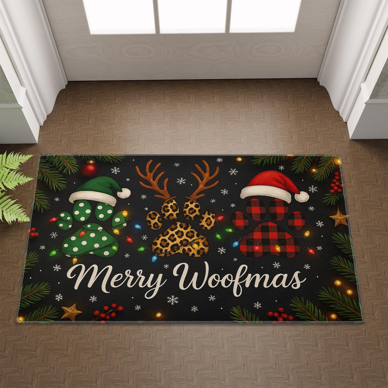 Merry Woofmas Doormat – Christmas Holiday Rug with Dog Paw Prints and Santa Hats