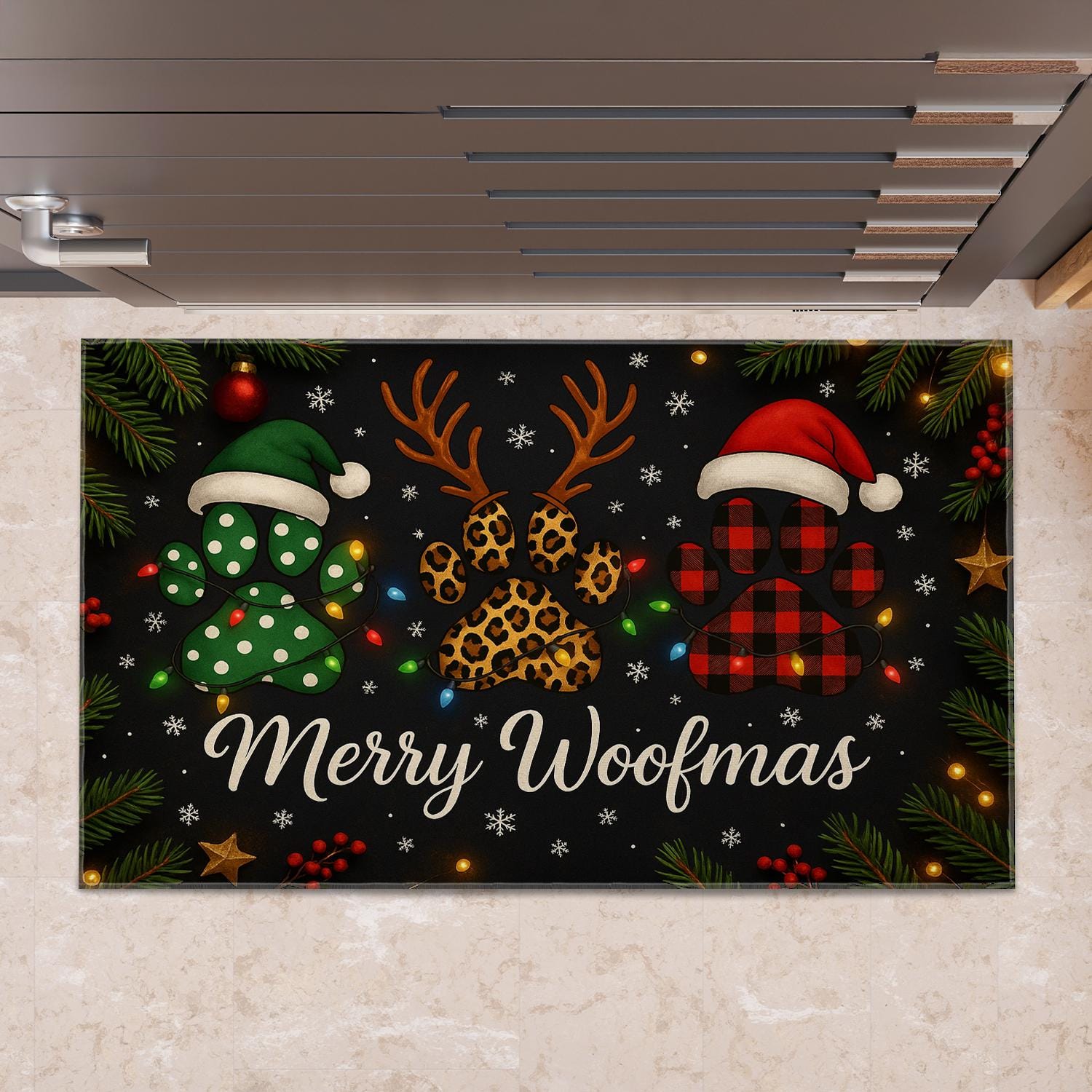 Merry Woofmas Doormat – Christmas Holiday Rug with Dog Paw Prints and Santa Hats