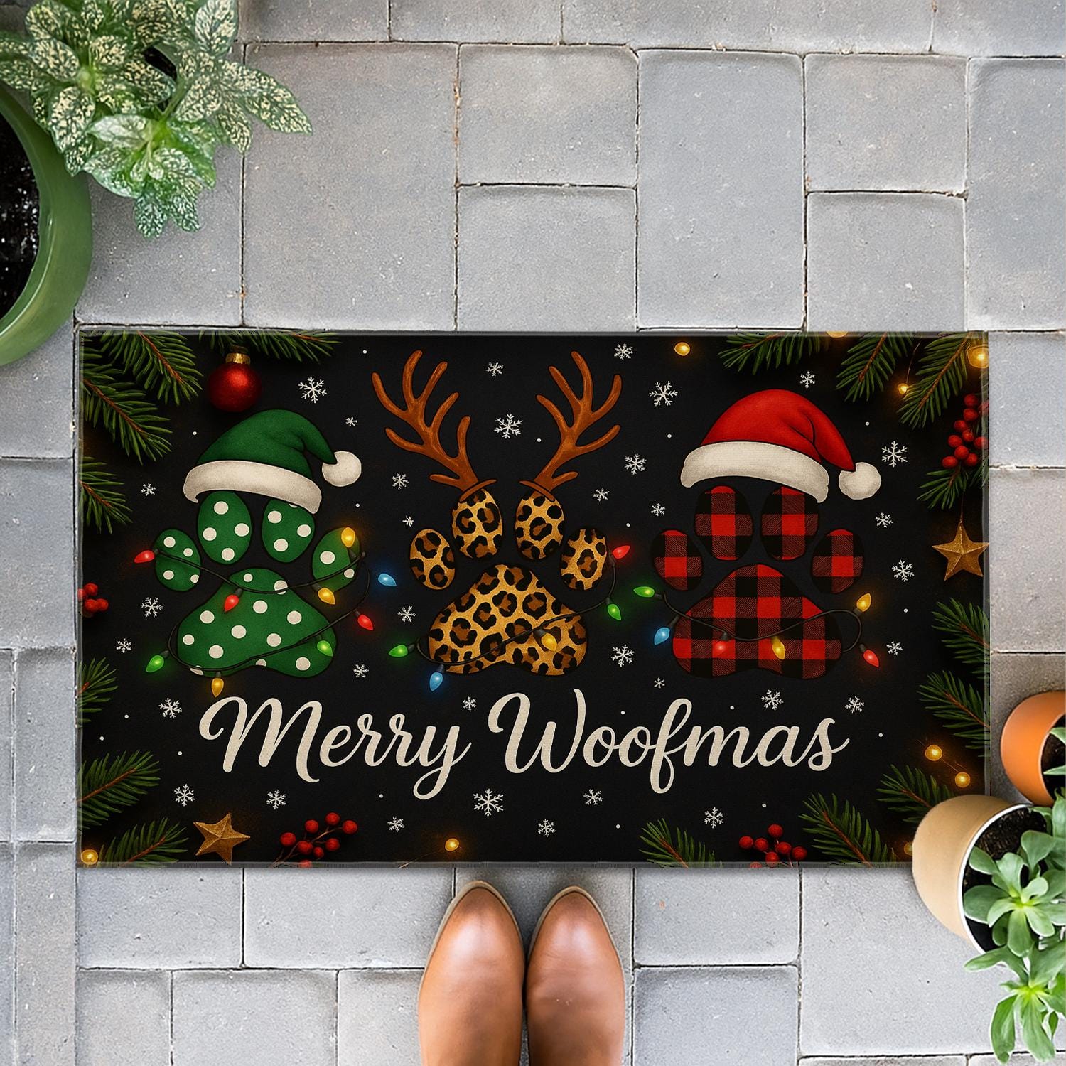 Merry Woofmas Doormat – Christmas Holiday Rug with Dog Paw Prints and Santa Hats