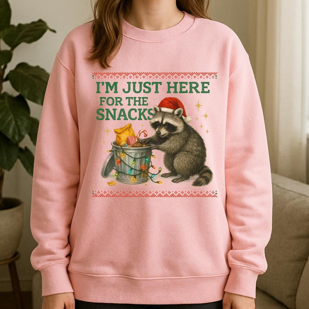 I’m Just Here for the Snacks Sweatshirt – Funny Holiday Apparel with Raccoon and Christmas Lights