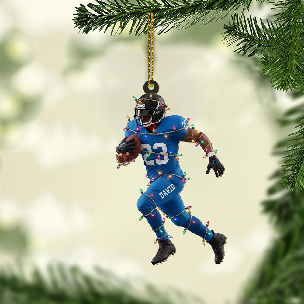 Personalized Football Player Ornament – Custom Name Christmas Decoration with Lights and Action Pose