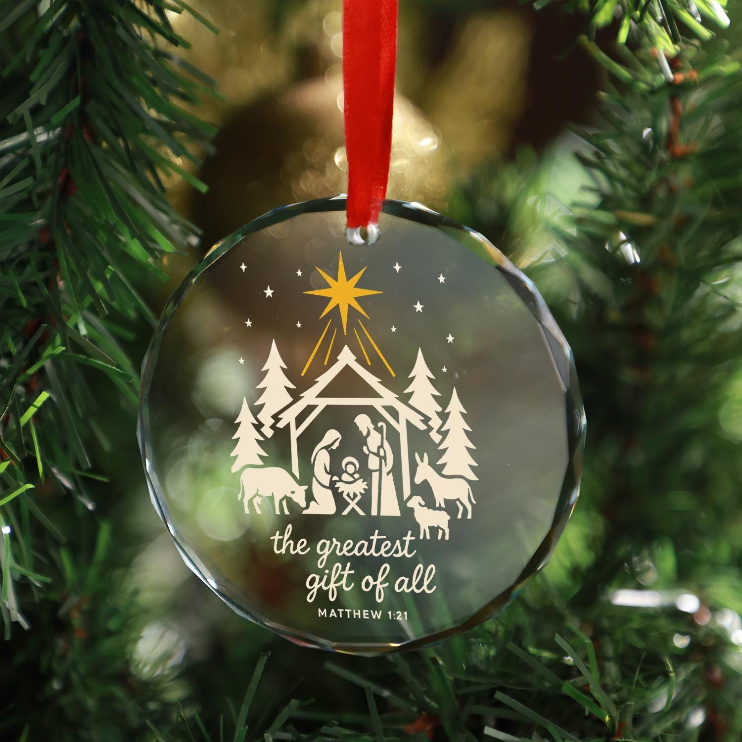 Nativity Scene Christmas Ornament, Bible Verse Matthew 1:21, Christian Holiday Tree Decoration, Religious Glass Ornament