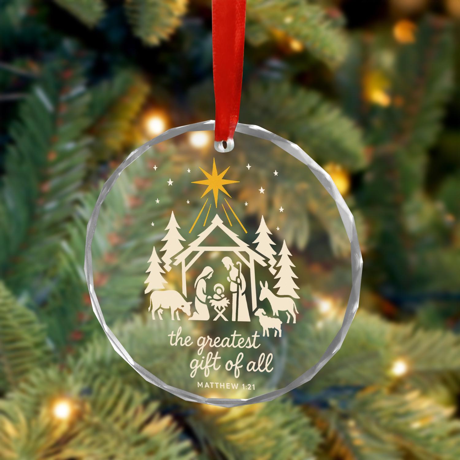 Nativity Scene Christmas Ornament, Bible Verse Matthew 1:21, Christian Holiday Tree Decoration, Religious Glass Ornament