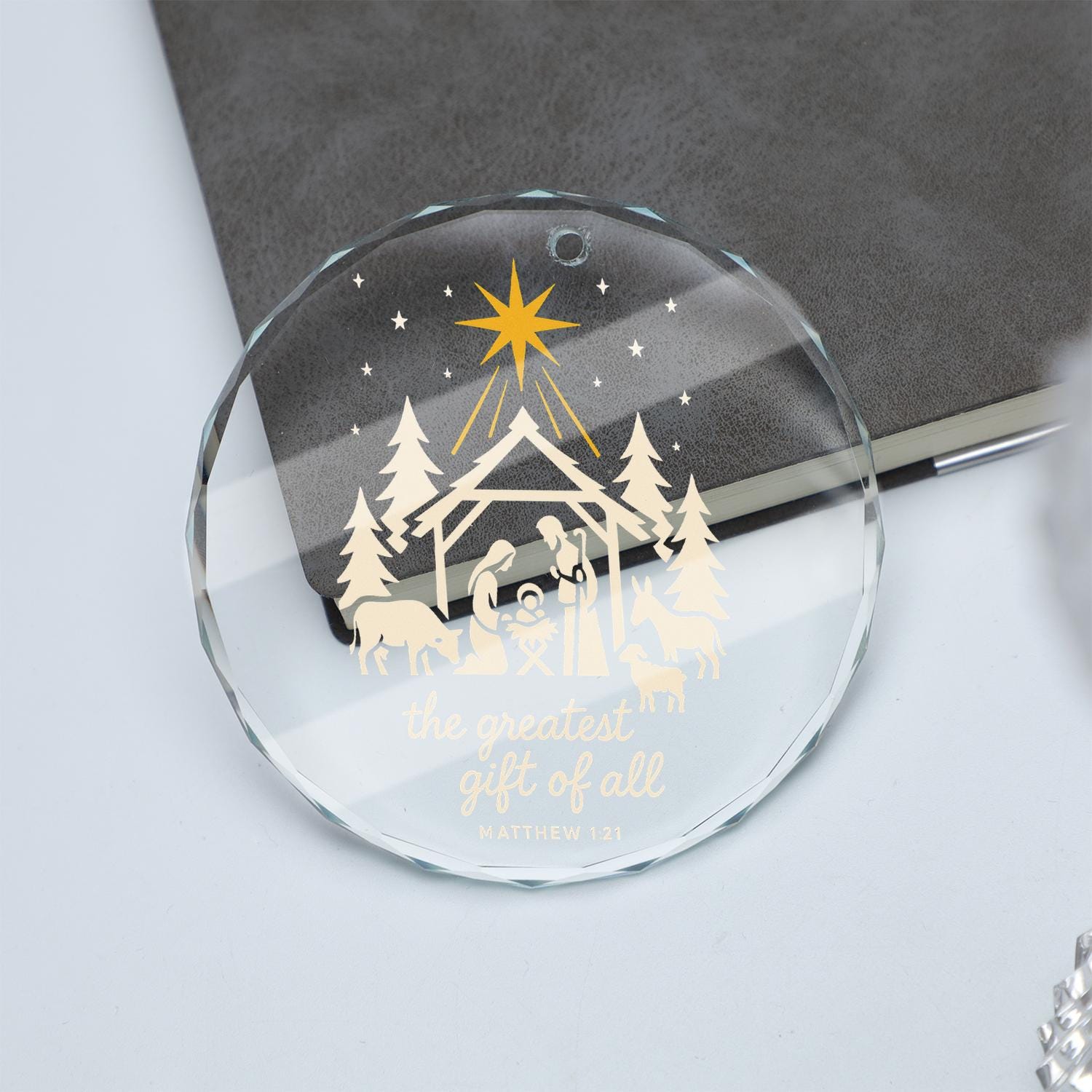 Nativity Scene Christmas Ornament, Bible Verse Matthew 1:21, Christian Holiday Tree Decoration, Religious Glass Ornament