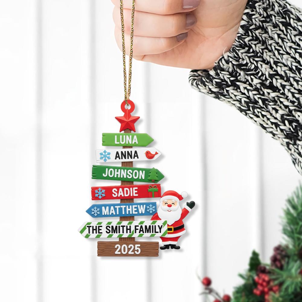 Personalized Family Christmas Tree Ornament – Custom Name with Santa, Family Signposts, and 2025