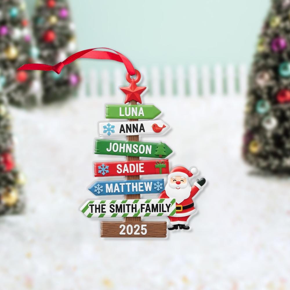 Personalized Family Christmas Tree Ornament – Custom Name with Santa, Family Signposts, and 2025