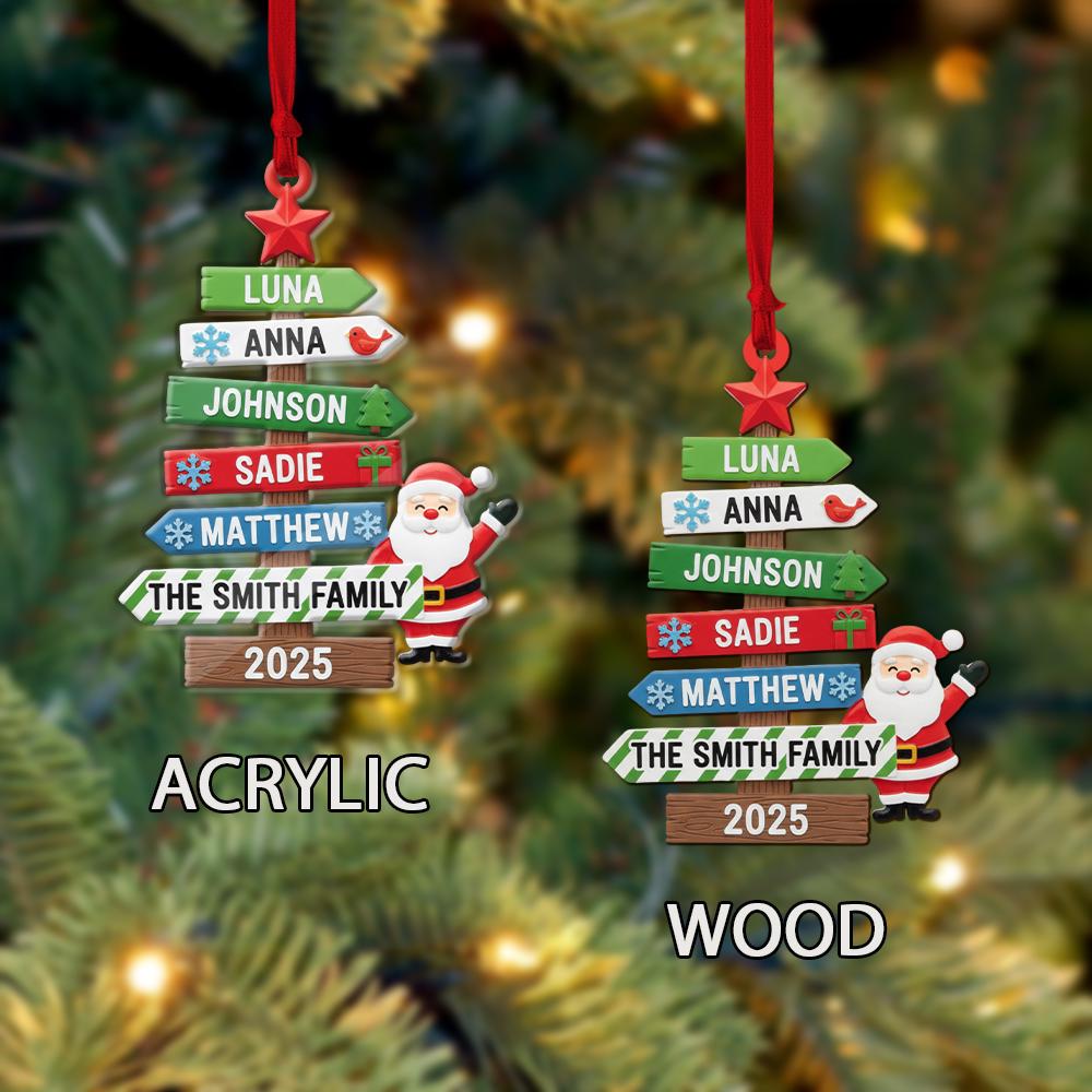 Personalized Family Christmas Tree Ornament – Custom Name with Santa, Family Signposts, and 2025