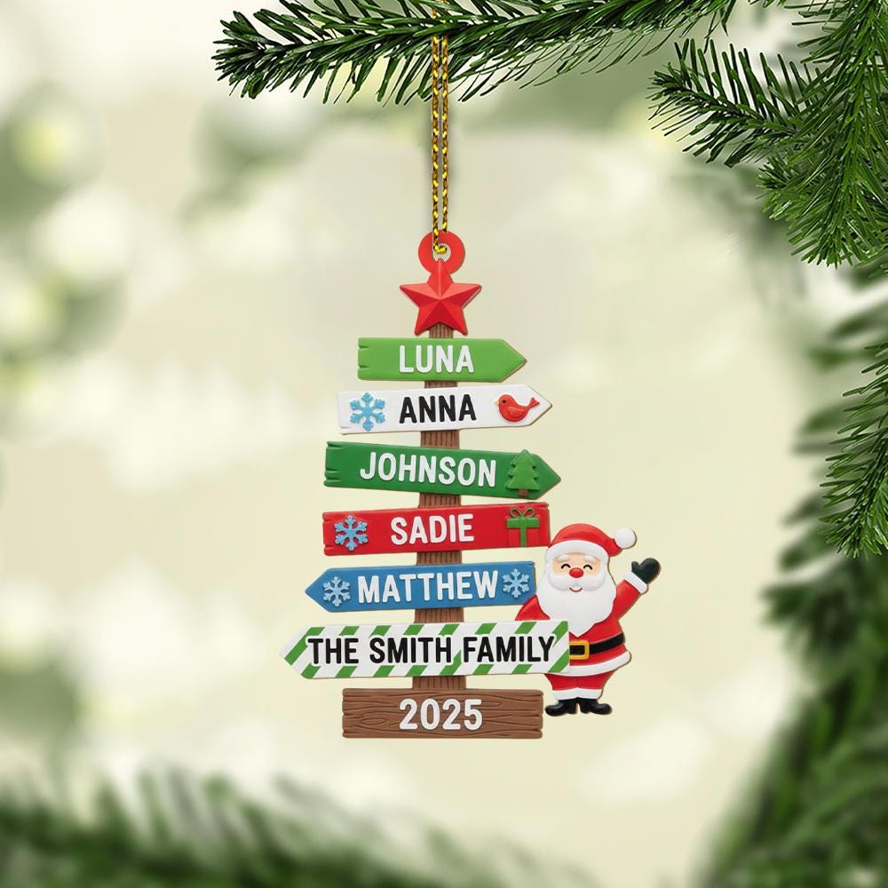 Personalized Family Christmas Tree Ornament – Custom Name with Santa, Family Signposts, and 2025