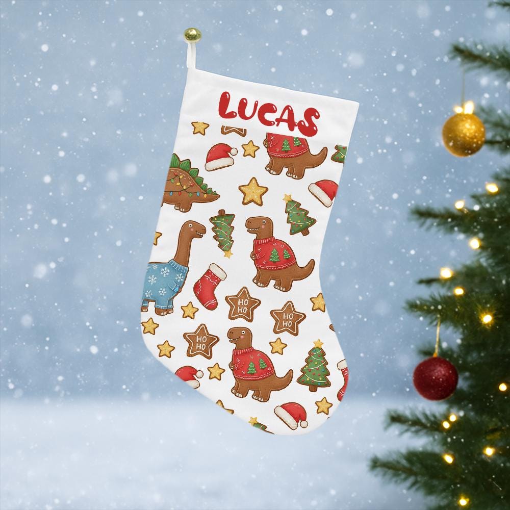 Personalized Dinosaur Cookies Christmas Stocking with Name – Custom Kids Holiday Stocking, Dino Cookie Print