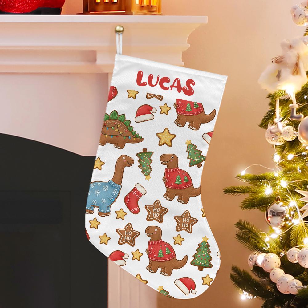 Personalized Dinosaur Cookies Christmas Stocking with Name – Custom Kids Holiday Stocking, Dino Cookie Print