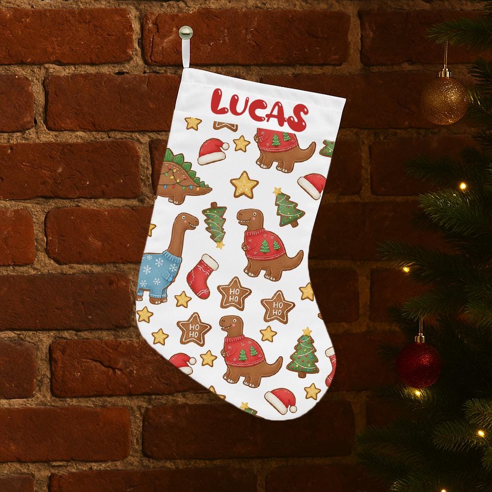 Personalized Dinosaur Cookies Christmas Stocking with Name – Custom Kids Holiday Stocking, Dino Cookie Print