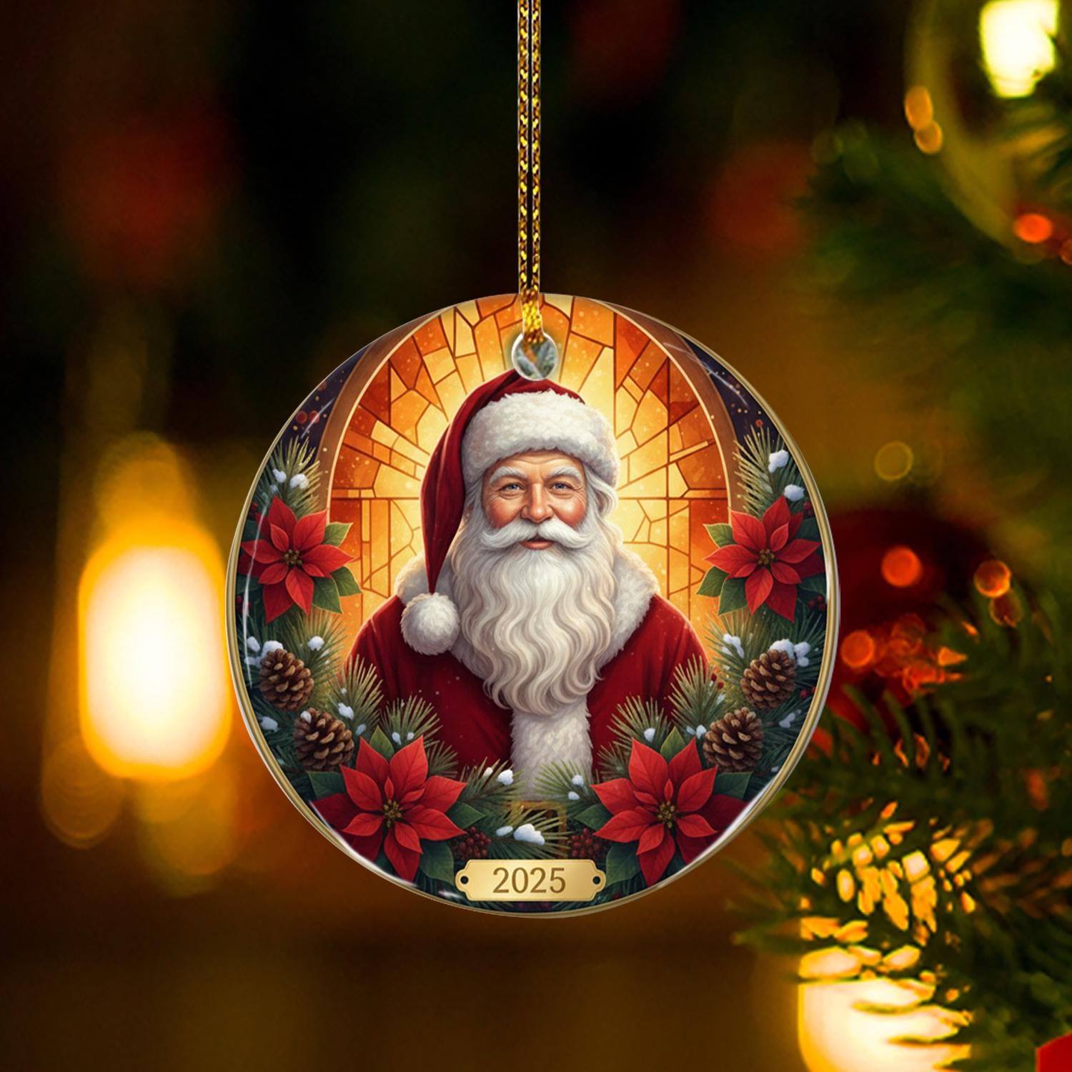 Santa Claus Ornament 2025 – Christmas Decoration with Poinsettias and Pinecones