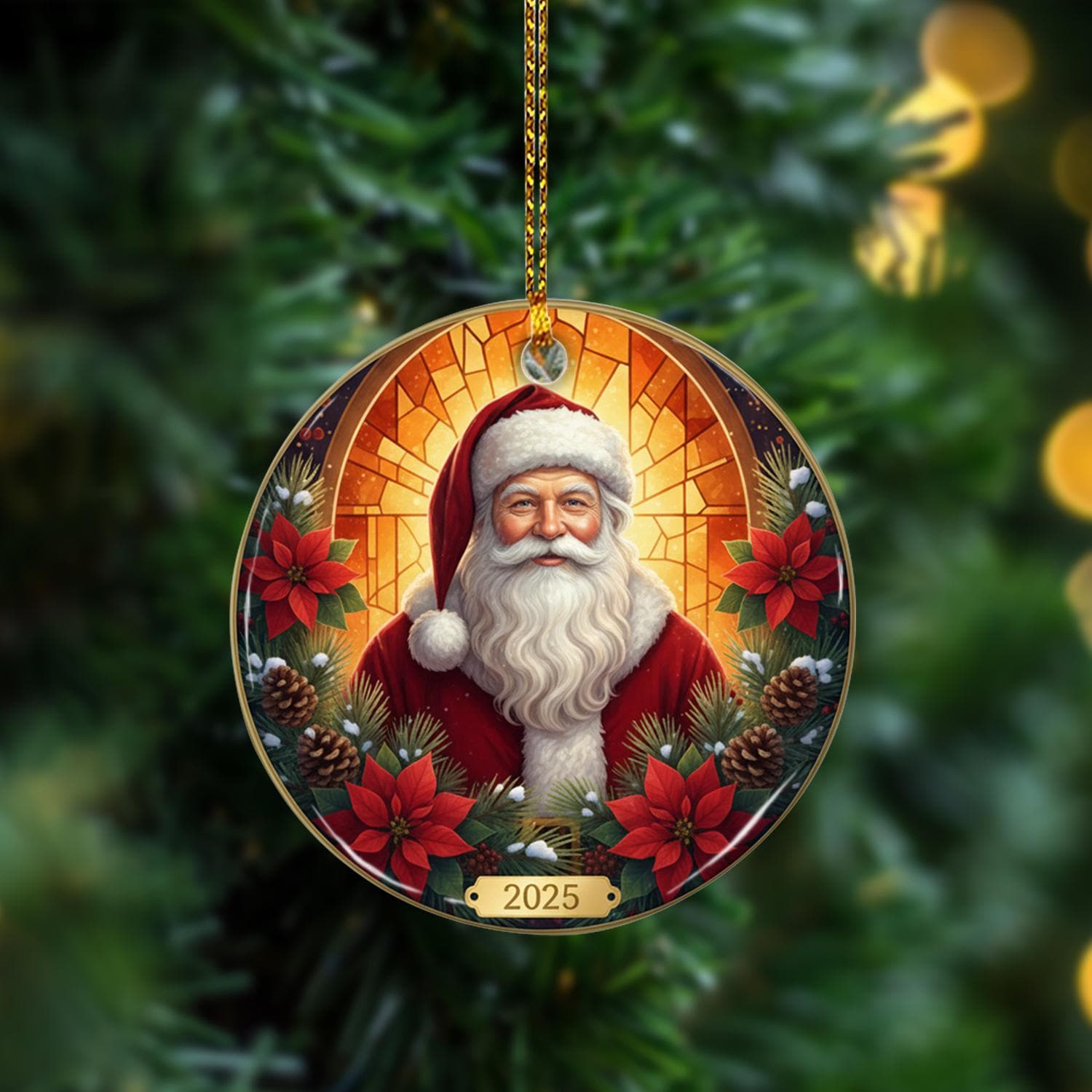 Santa Claus Ornament 2025 – Christmas Decoration with Poinsettias and Pinecones