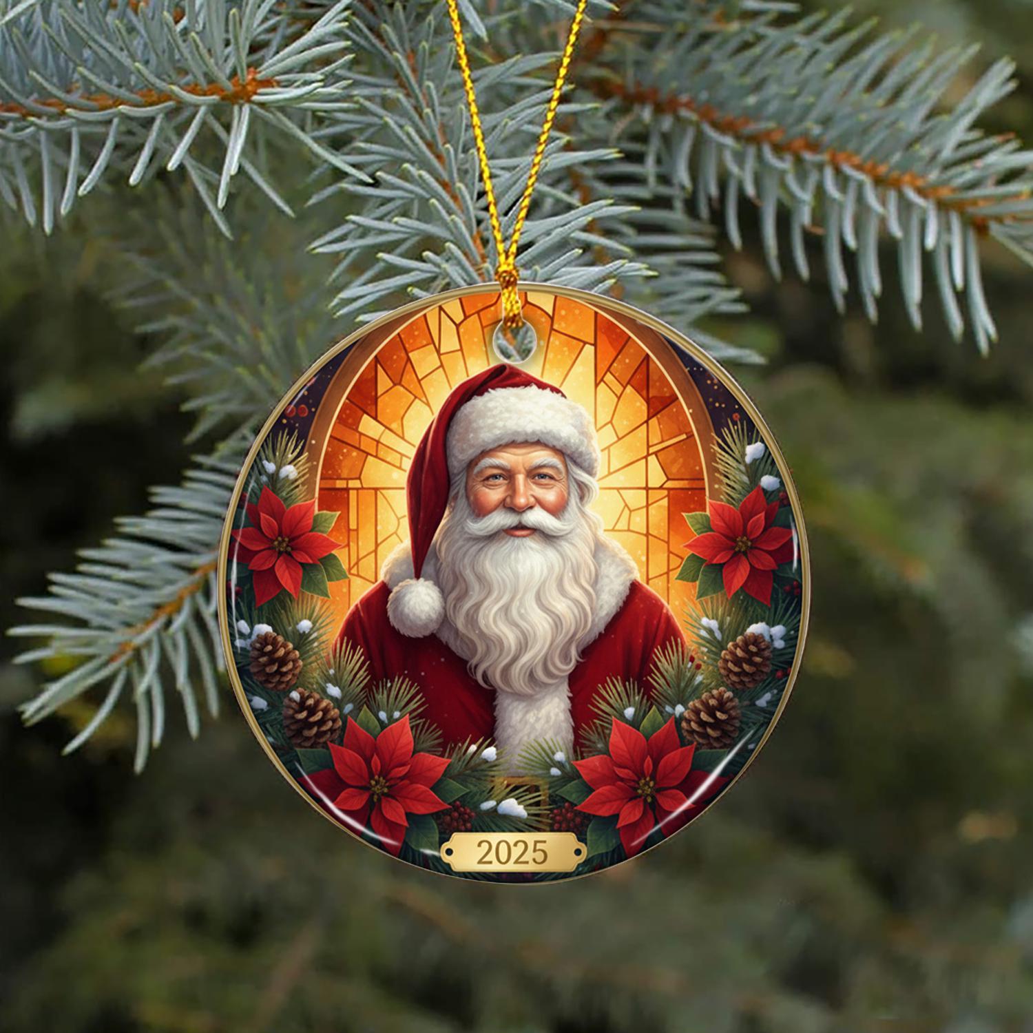 Santa Claus Ornament 2025 – Christmas Decoration with Poinsettias and Pinecones