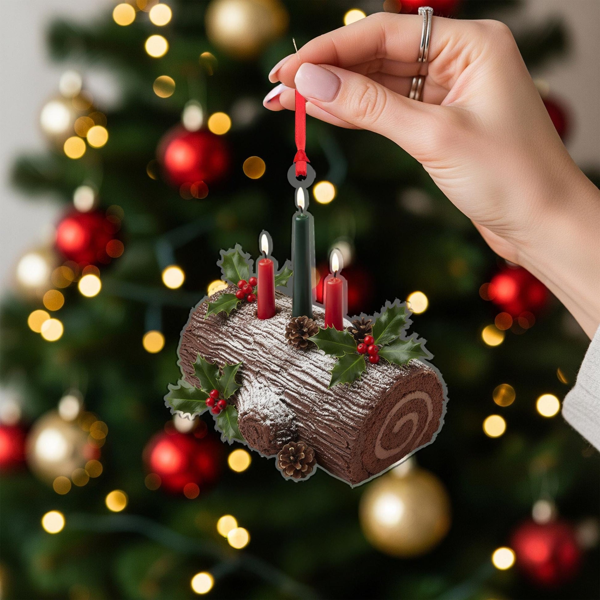 Yule Log Ornament: Christmas Tree Decoration with Candles and Holly