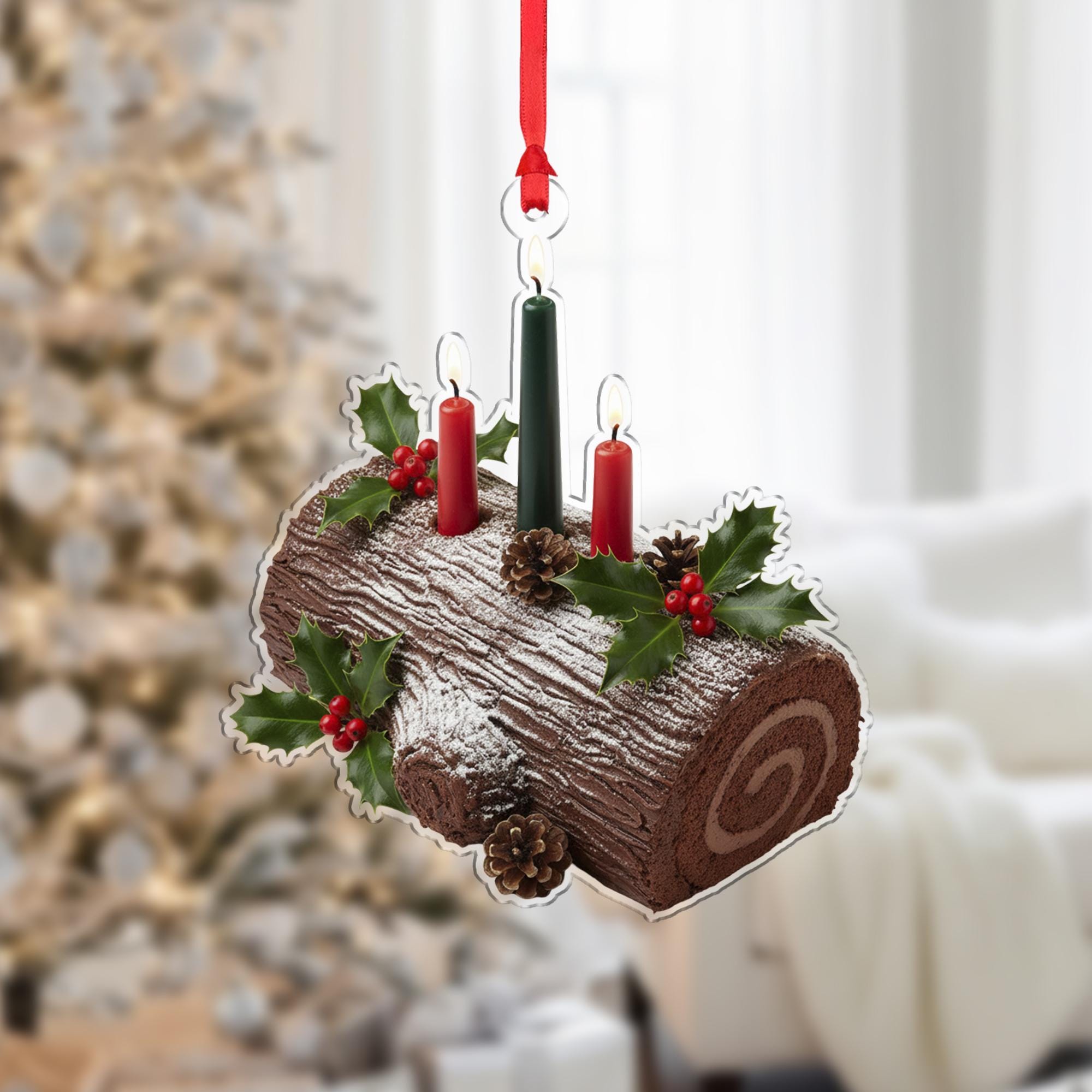 Yule Log Ornament: Christmas Tree Decoration with Candles and Holly