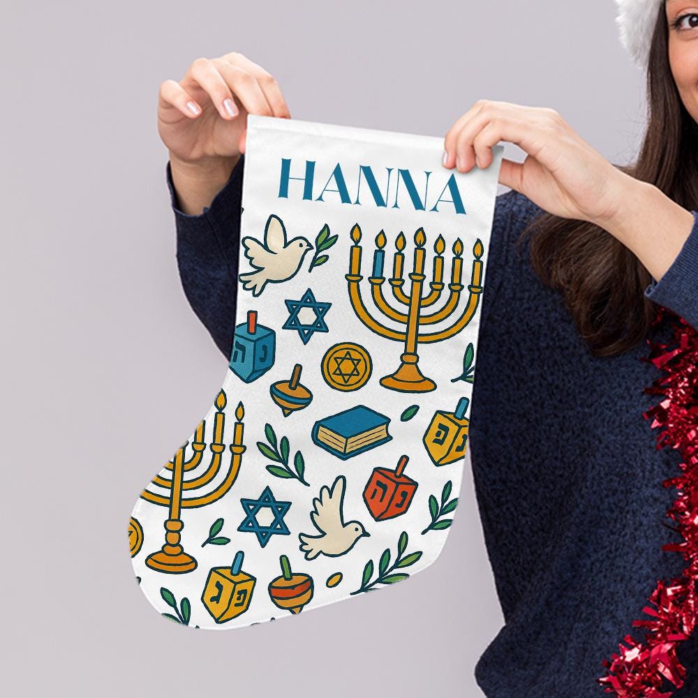 Personalized Hanukkah Stocking with Menorah, Dreidel, Star of David, Dove, and Custom Name
