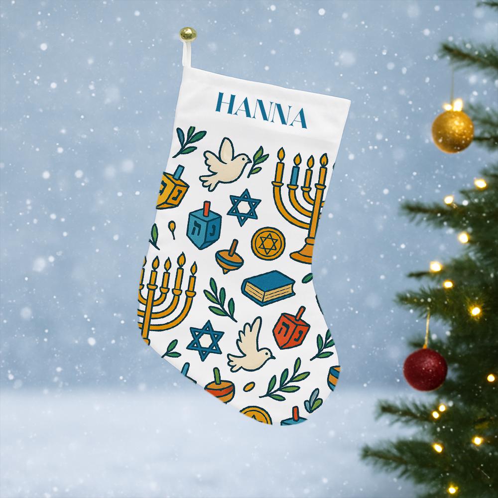 Personalized Hanukkah Stocking with Menorah, Dreidel, Star of David, Dove, and Custom Name