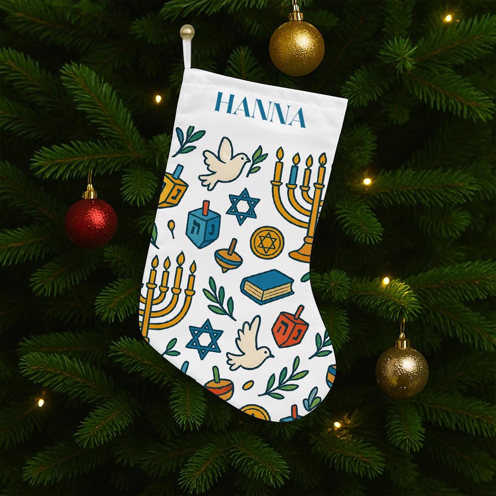 Personalized Hanukkah Stocking with Menorah, Dreidel, Star of David, Dove, and Custom Name