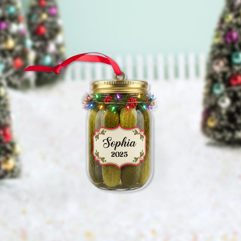 Personalized Pickle Jar Ornament – Custom Name with Christmas Lights and 2025 Date