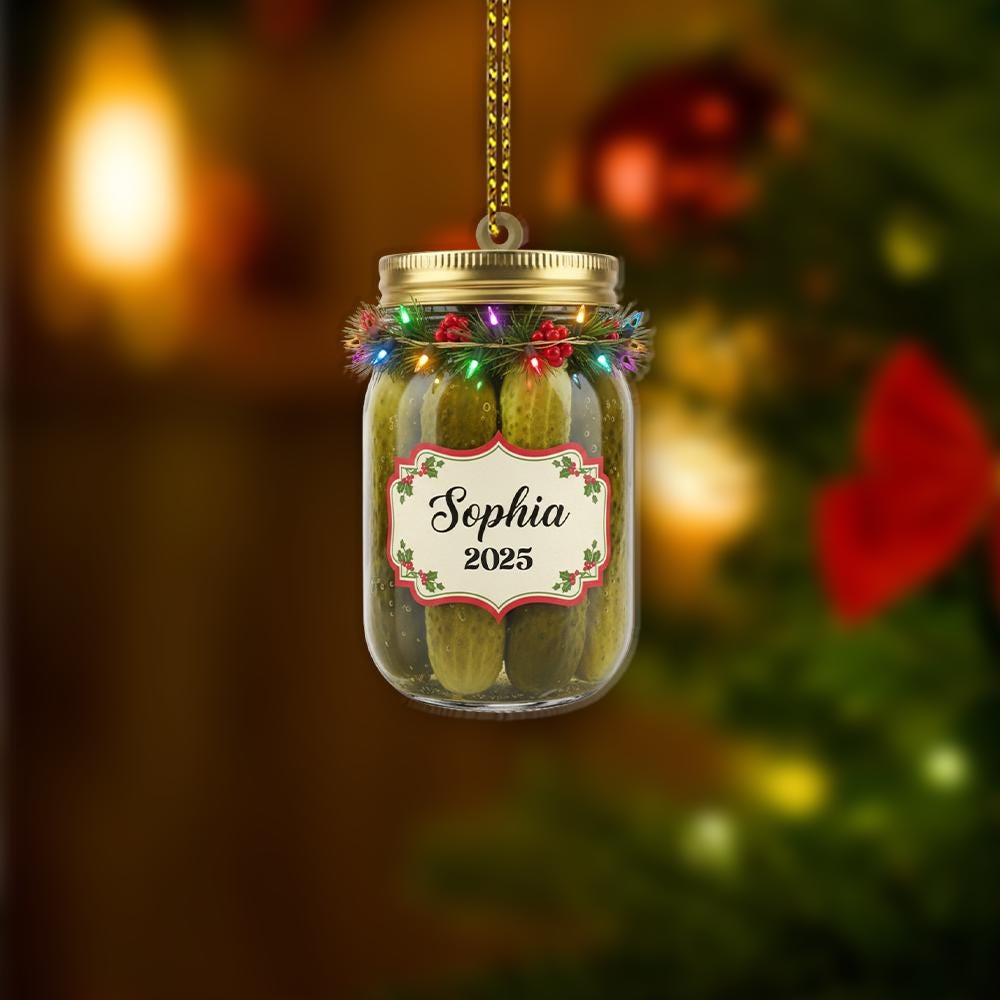 Personalized Pickle Jar Ornament – Custom Name with Christmas Lights and 2025 Date