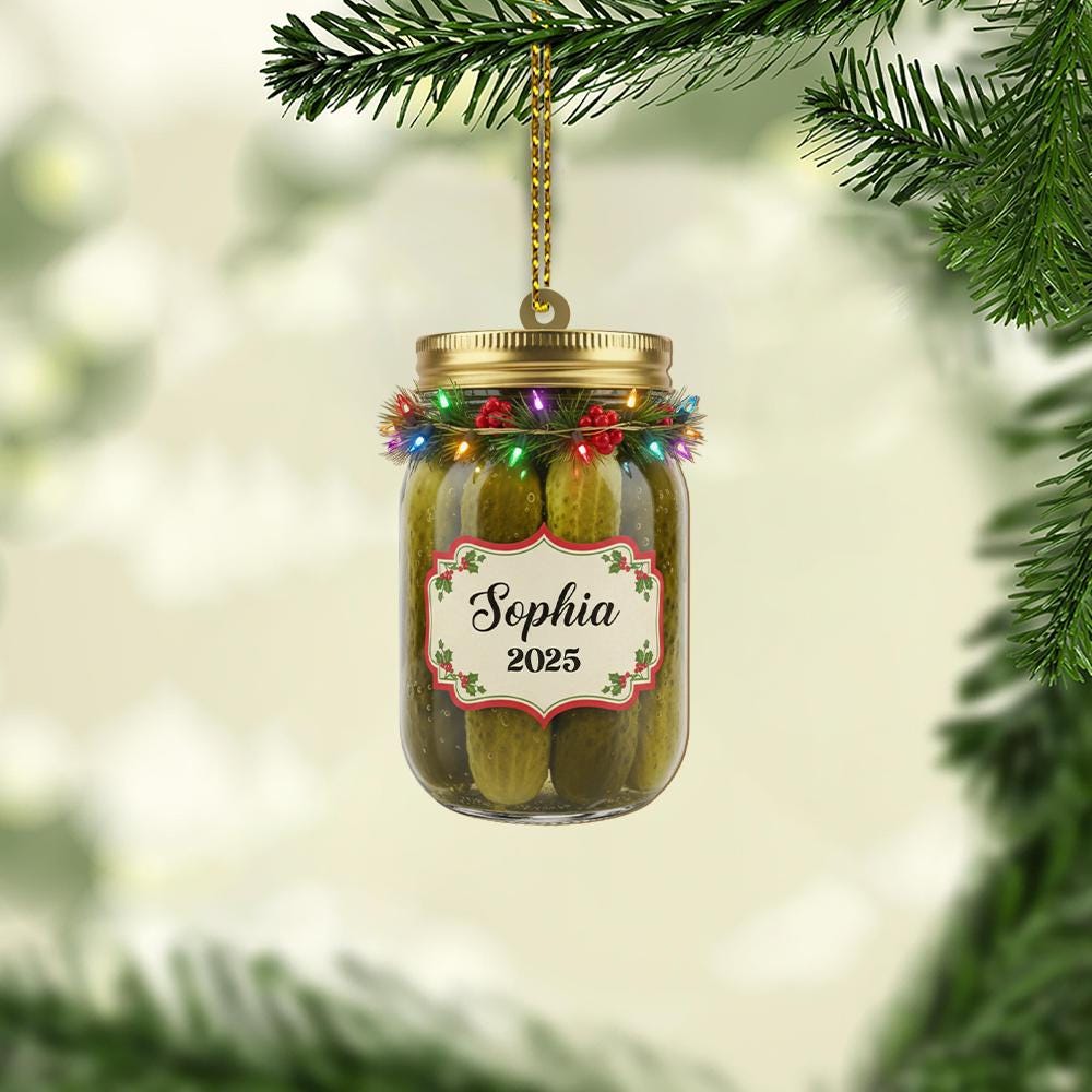 Personalized Pickle Jar Ornament – Custom Name with Christmas Lights and 2025 Date