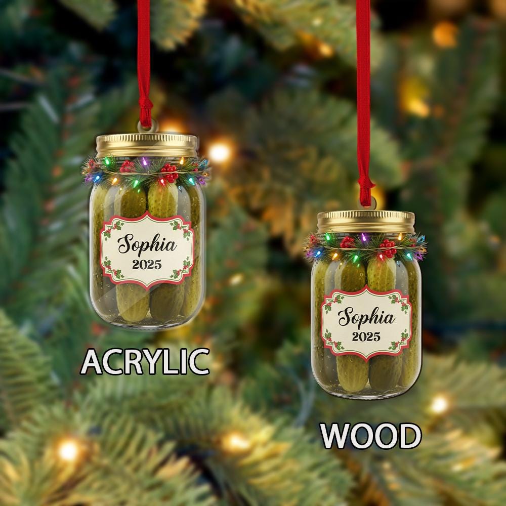 Personalized Pickle Jar Ornament – Custom Name with Christmas Lights and 2025 Date