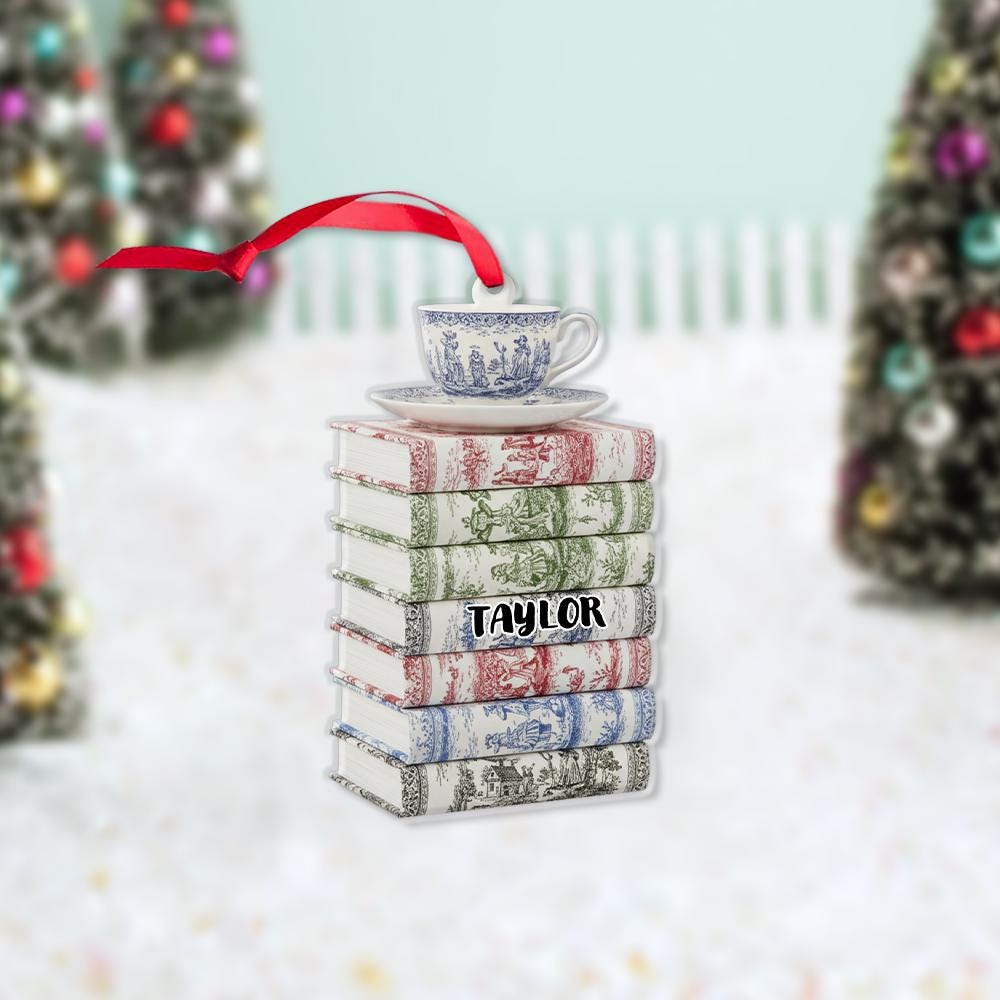 Personalized Book Stack Ornament: Toile de Jouy Teacup Christmas Decoration
