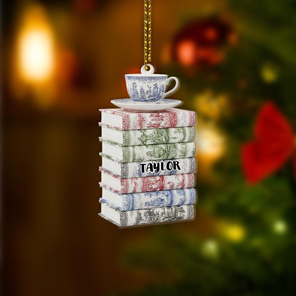 Personalized Book Stack Ornament: Toile de Jouy Teacup Christmas Decoration