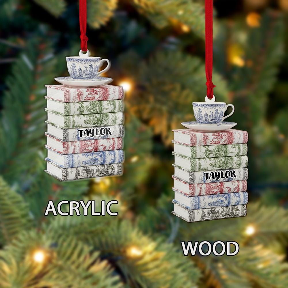 Personalized Book Stack Ornament: Toile de Jouy Teacup Christmas Decoration