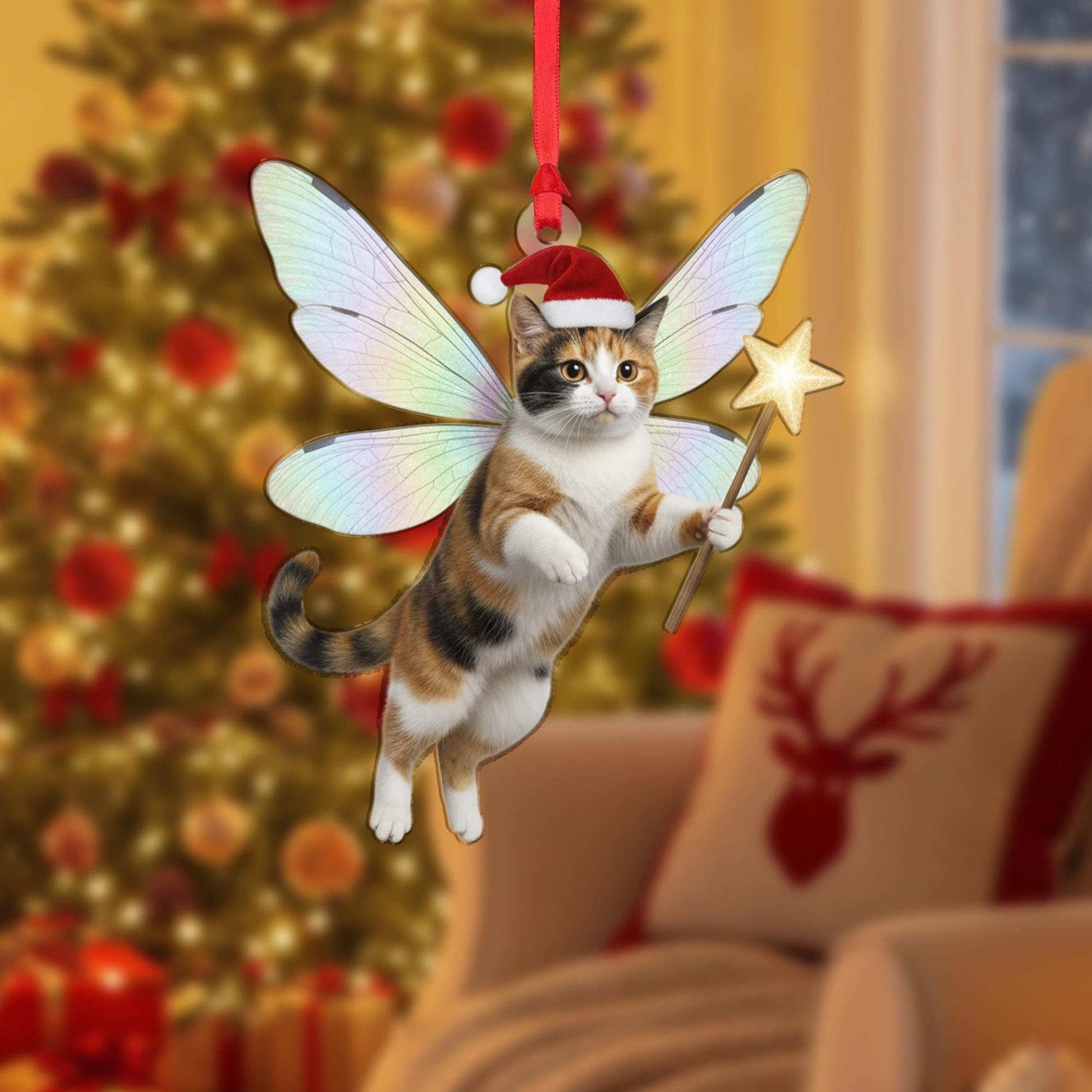 Cat Fairy Ornament: Christmas Tree Decoration with Wings and Santa Hat