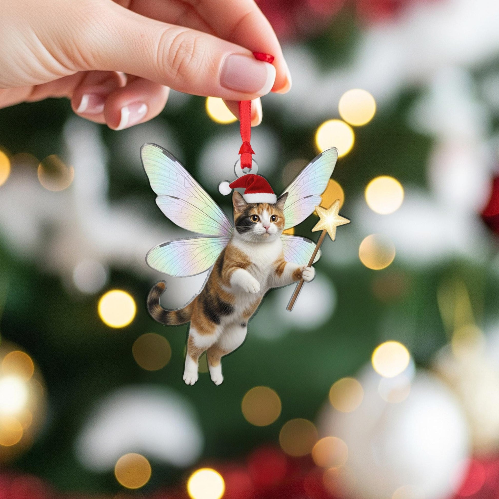 Cat Fairy Ornament: Christmas Tree Decoration with Wings and Santa Hat