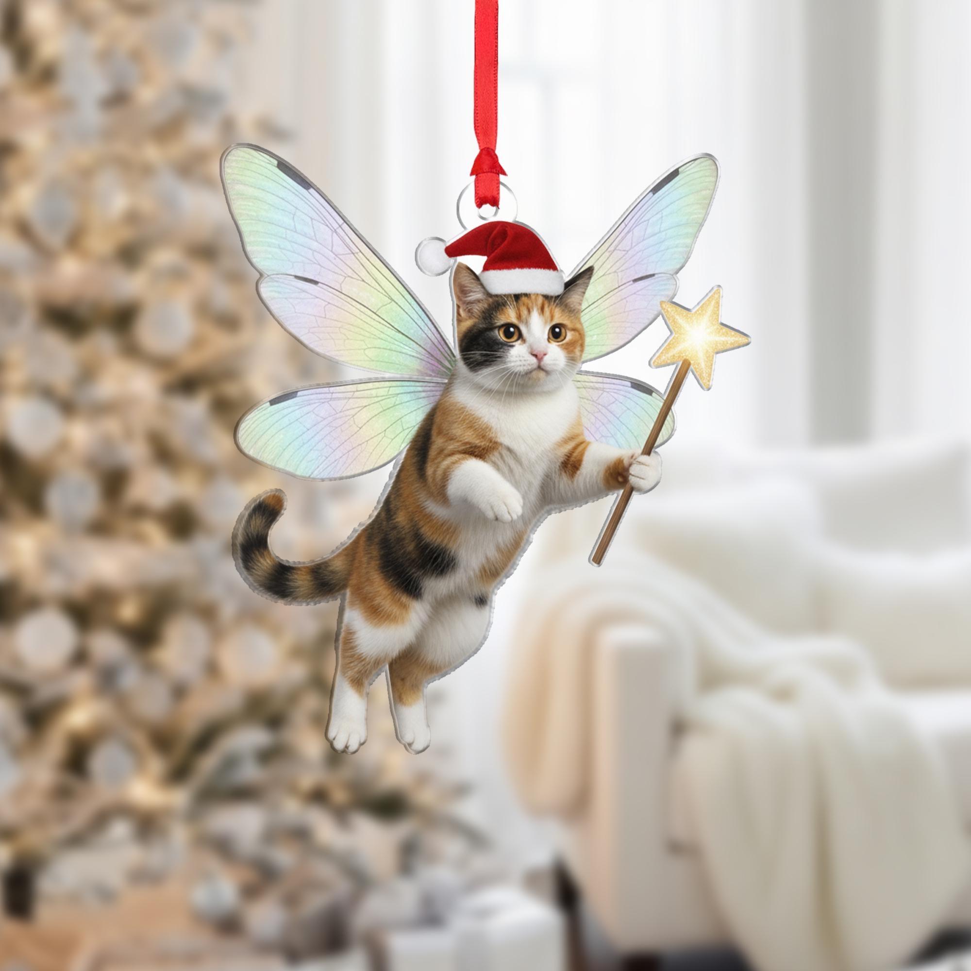 Cat Fairy Ornament: Christmas Tree Decoration with Wings and Santa Hat