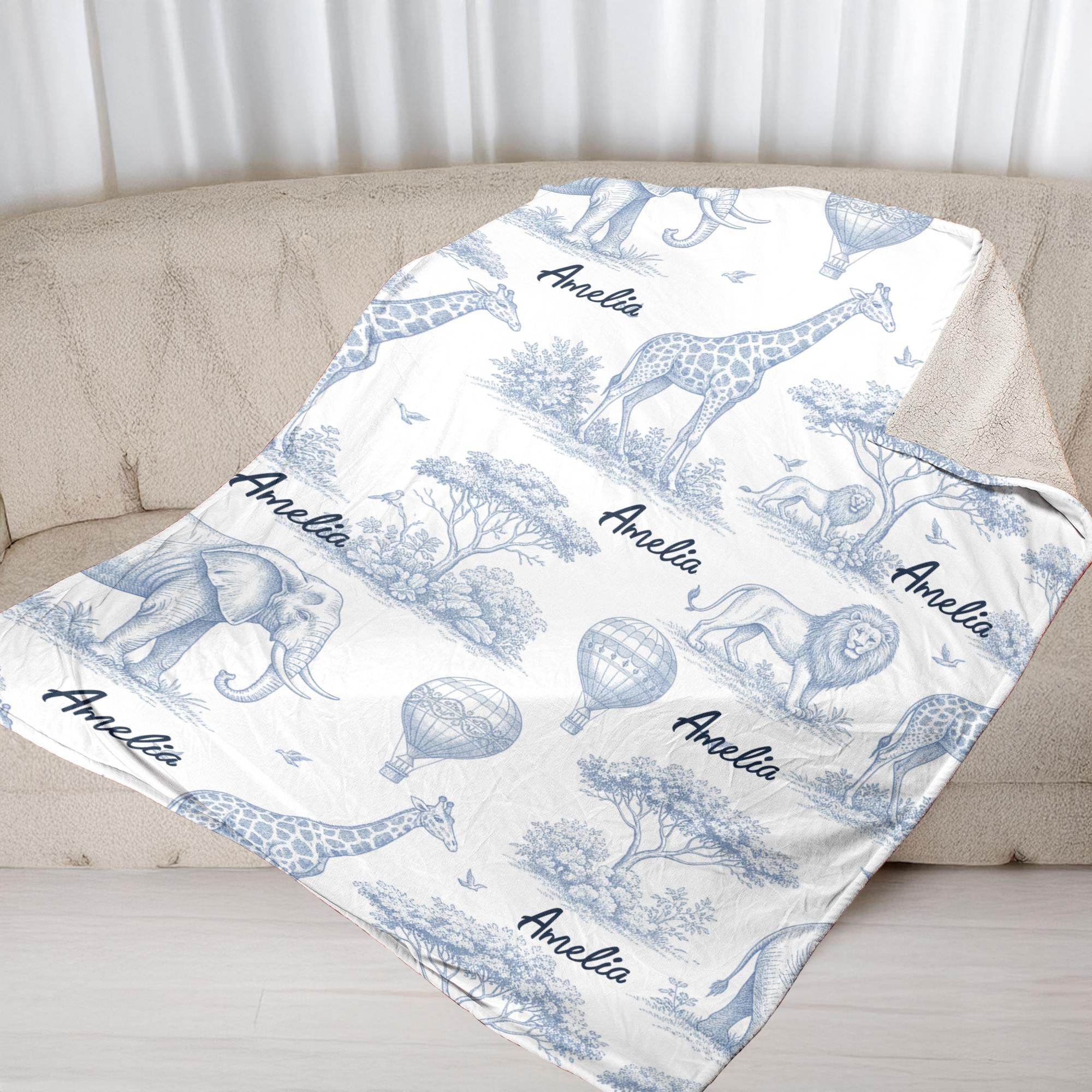 Personalized Toile de Jouy Safari Fleece Blanket: Custom Animal Throw
