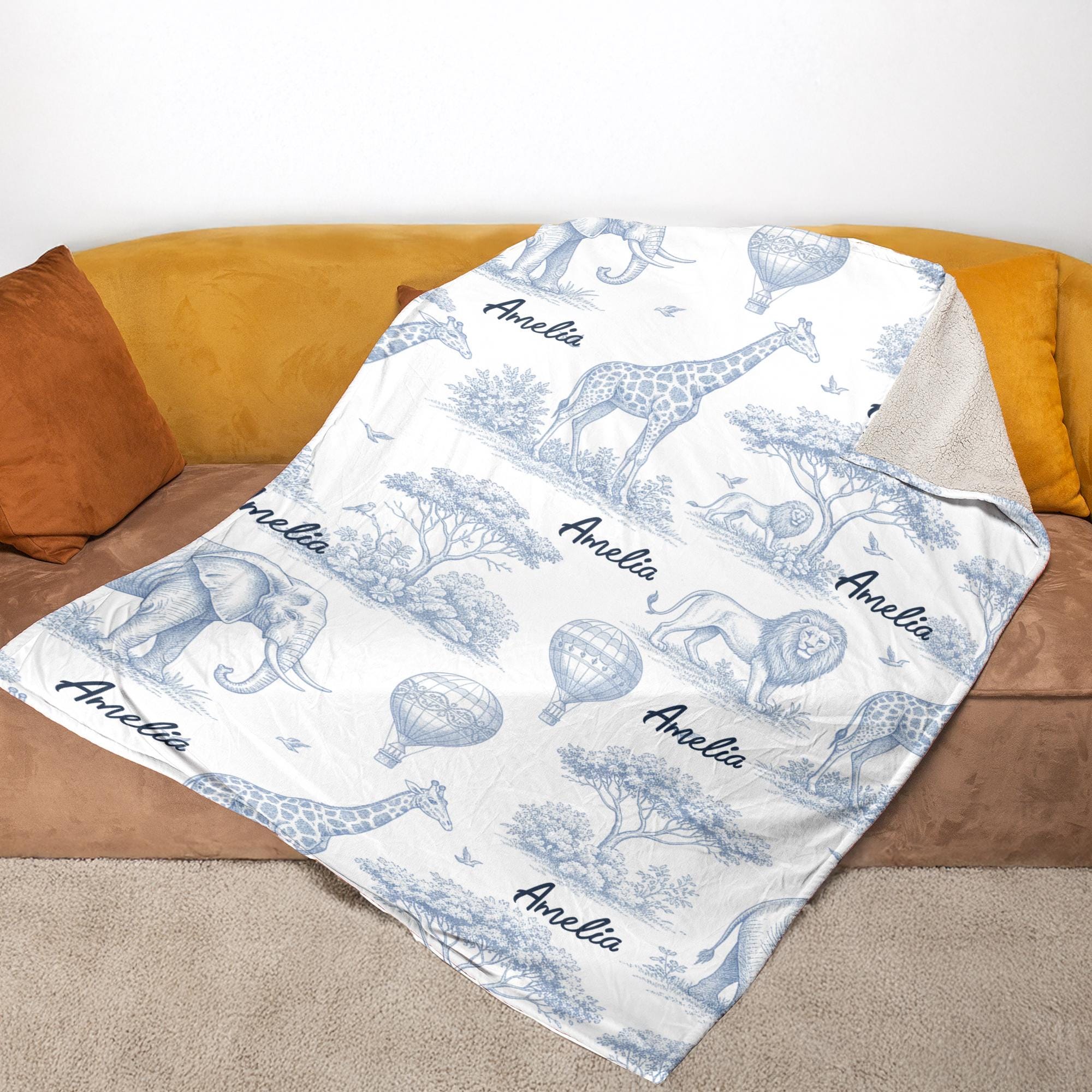 Personalized Toile de Jouy Safari Fleece Blanket: Custom Animal Throw
