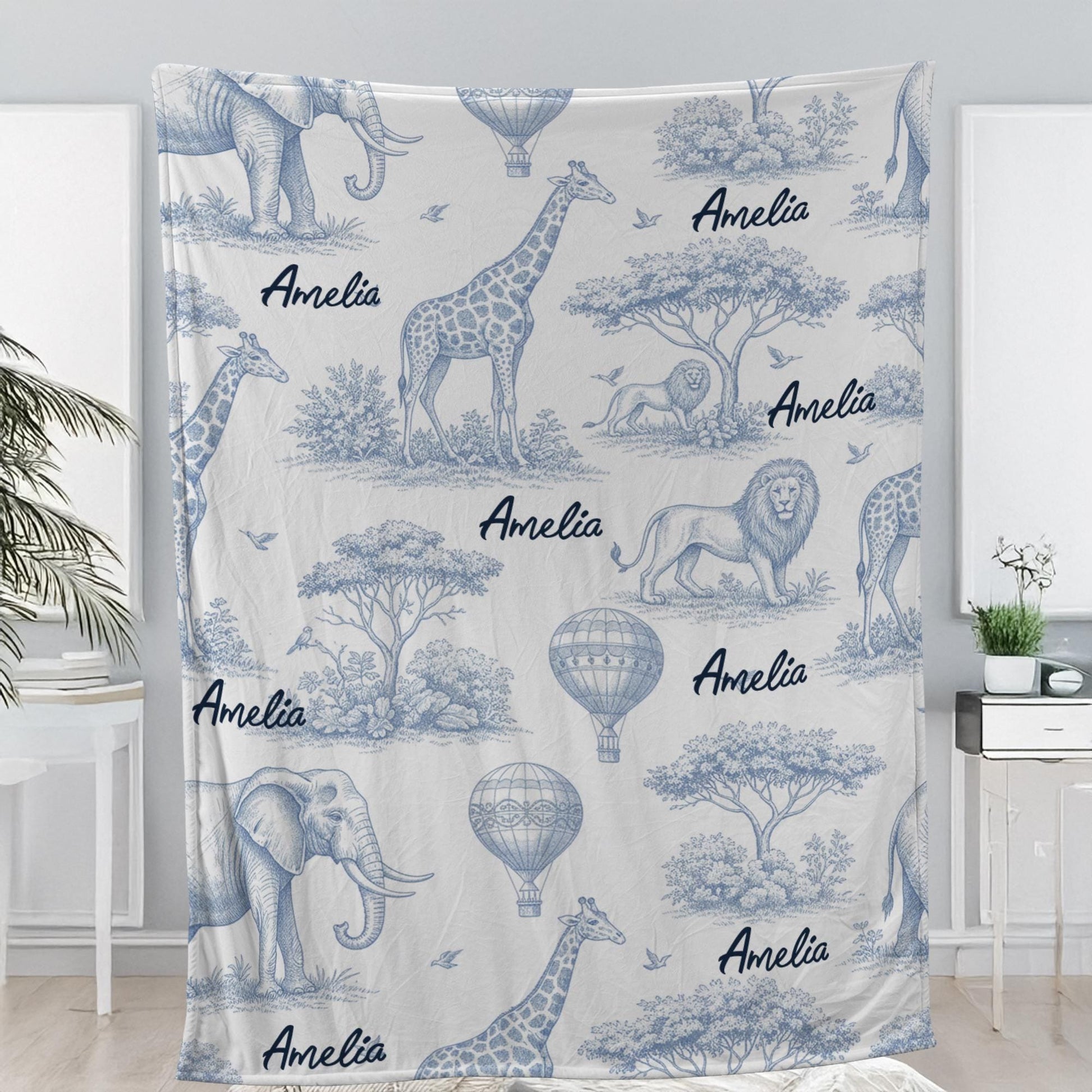 Personalized Toile de Jouy Safari Fleece Blanket: Custom Animal Throw