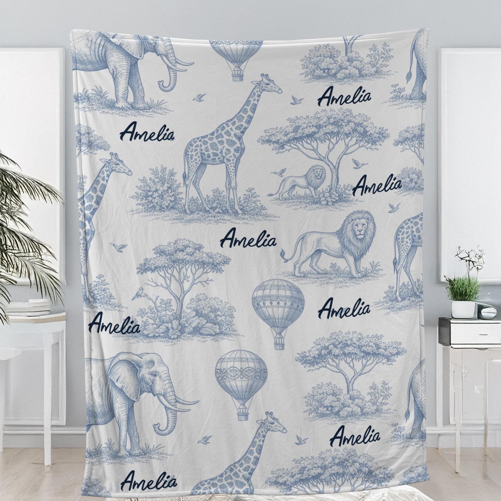 Personalized Toile de Jouy Safari Fleece Blanket: Custom Animal Throw