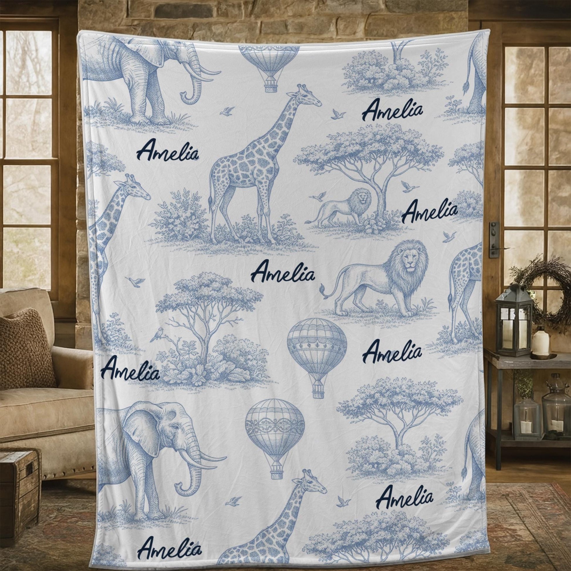 Personalized Toile de Jouy Safari Fleece Blanket: Custom Animal Throw